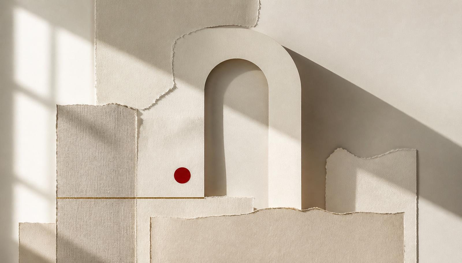 Layered paper collage with an architectural arch form and a single red marker, lit by soft window light