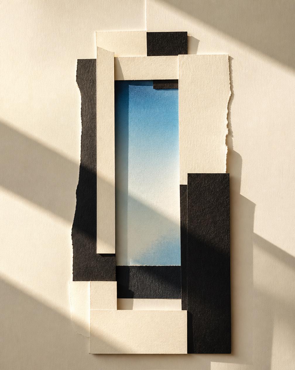 Layered paper collage framing a soft blue painterly wash, an opening of light between architectural forms